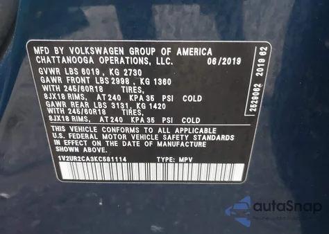 2019 Volkswagen Atlas 3.6L V6 Se W/Technology z USA, uszkodzony, nr VIN 1V2UR2CA3KC581114